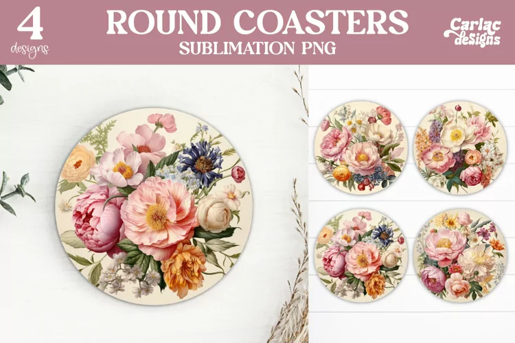 Flowers Coaster Sublimation, Vintage Round Coaster