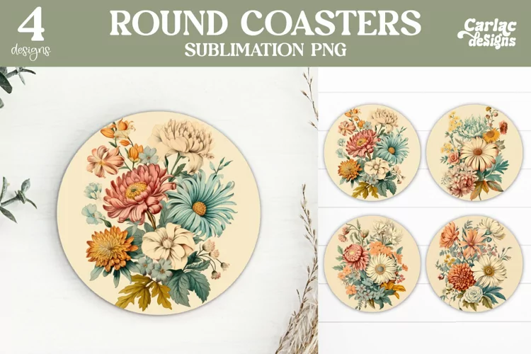 Flowers Coaster Sublimation, Vintage Round Coaster