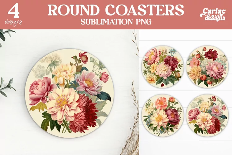 Flowers Coaster Sublimation, Vintage Round Coaster
