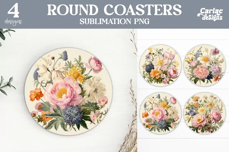 Flowers Coaster Sublimation, Vintage Round Coaster