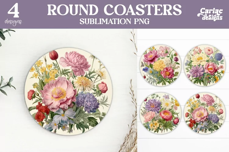 Flowers Coaster Sublimation, Vintage Round Coaster