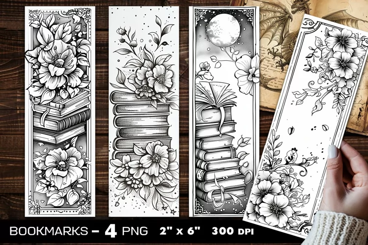 Flowers and books coloring bookmark, flowers bookmarks
