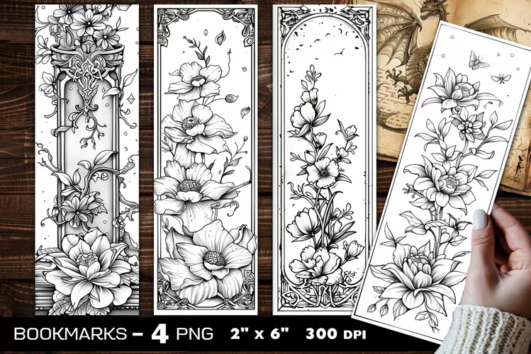 Flowers coloring bookmark, flowers coloring page bookmark