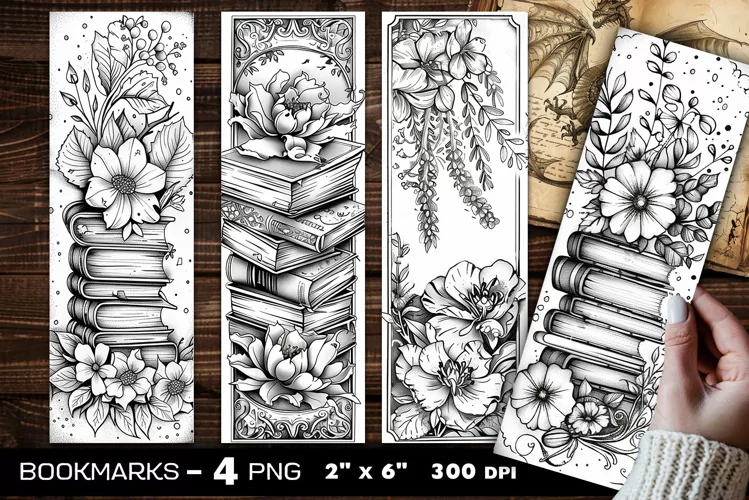 Flowers and books coloring bookmark, flowers bookmarks