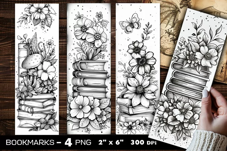 Flowers and books coloring bookmark, flowers bookmarks