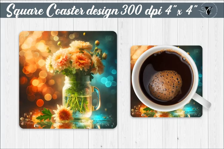Square Coaster | Flowers | Flowers in a glass jar