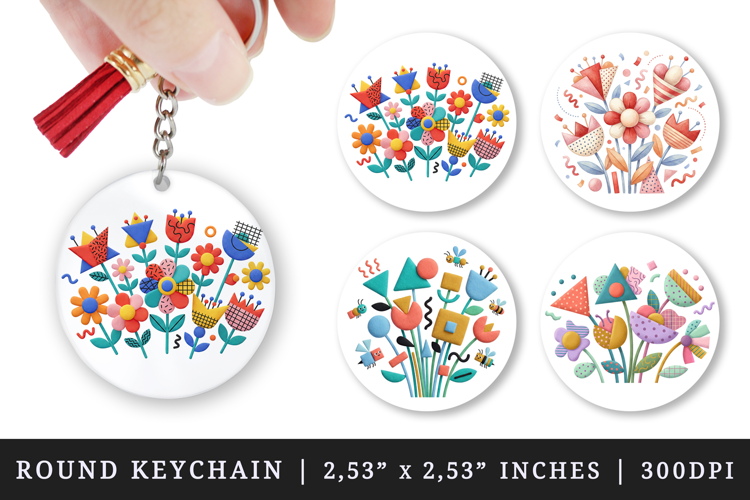 Flowers round keychain pintable sublimation design png