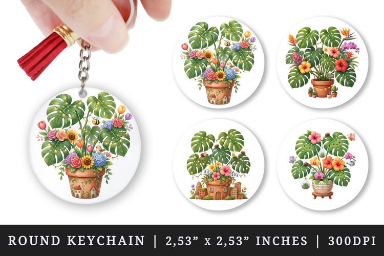 Flowers round keychain pintable sublimation design png