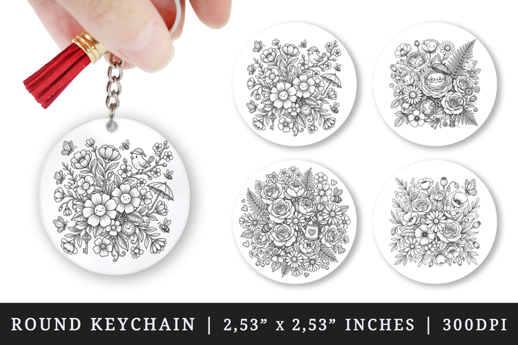 Flowers round keychain pintable sublimation design png