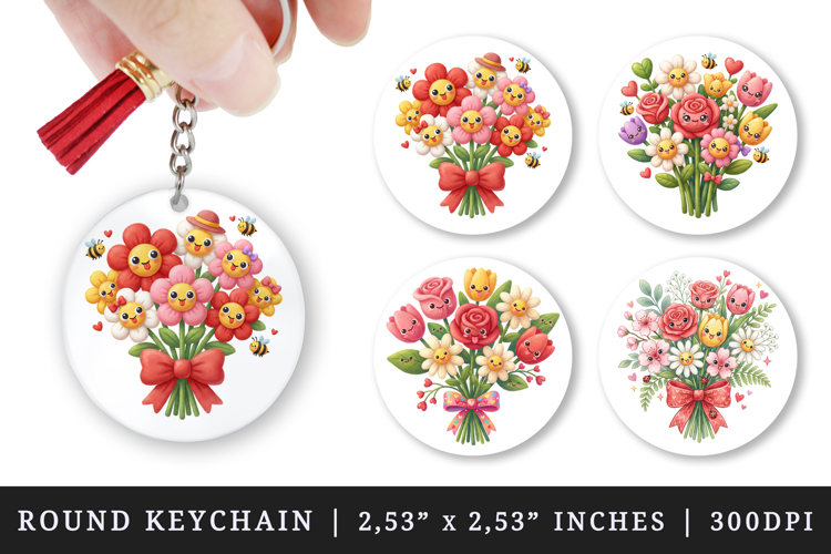 Flowers round keychain pintable sublimation design png