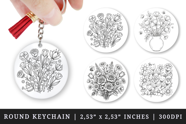 Flowers round keychain pintable sublimation design png