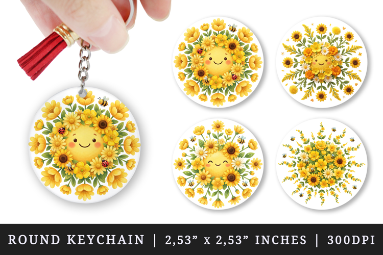 Flowers round keychain pintable sublimation design png