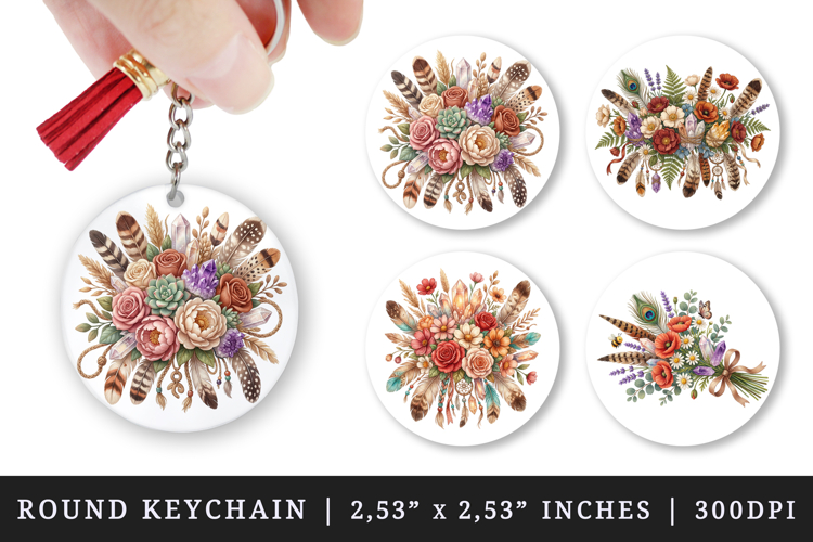 Flowers round keychain pintable sublimation design png