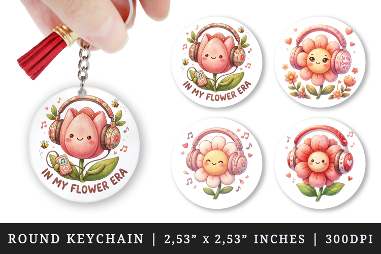 Flowers round keychain pintable sublimation design png