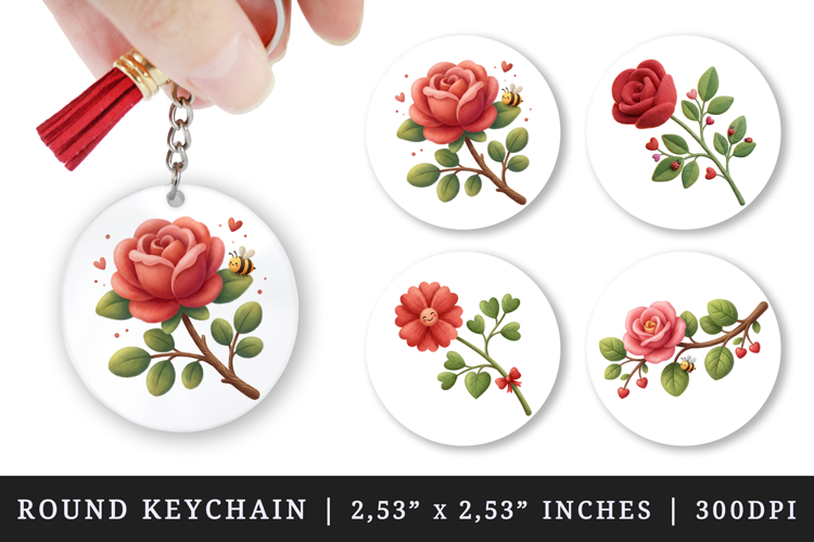 Flowers round keychain pintable sublimation design png