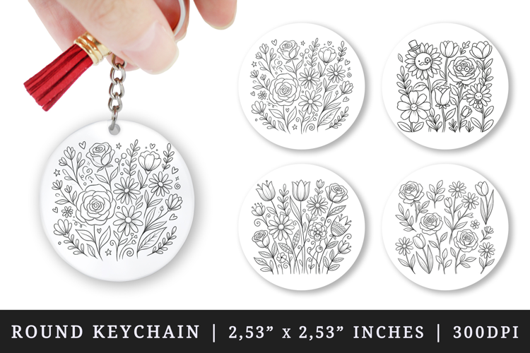 Flowers round keychain pintable sublimation design png