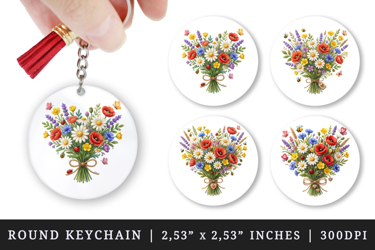 Flowers round keychain pintable sublimation design png