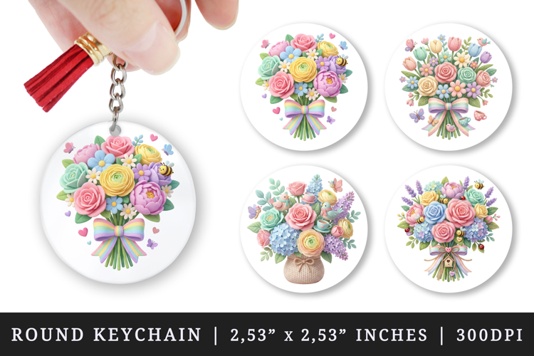 Flowers round keychain pintable sublimation design png