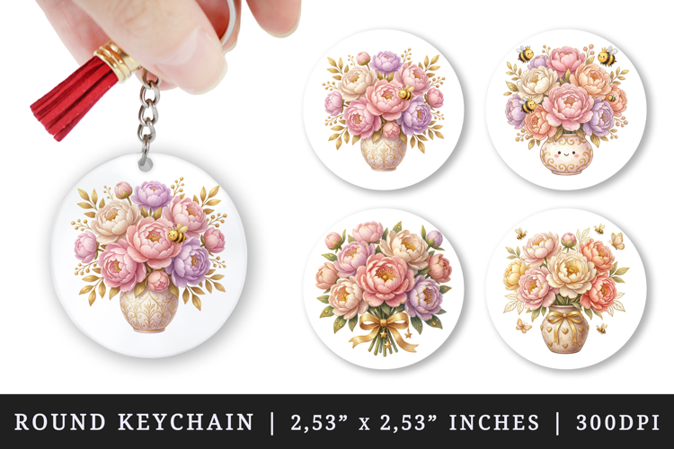 Flowers round keychain pintable sublimation design png