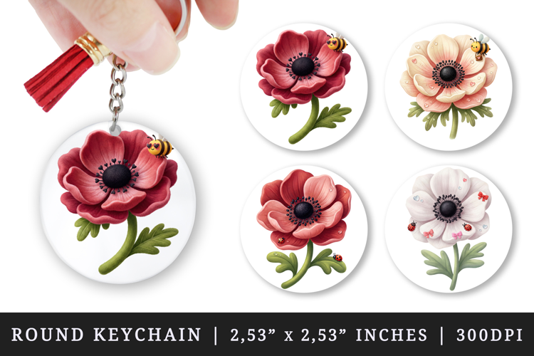 Flowers round keychain pintable sublimation design png