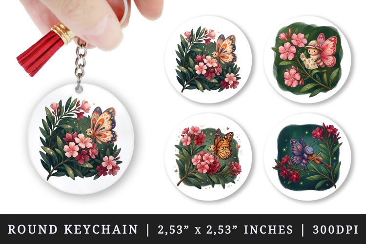 Flowers round keychain pintable sublimation design png