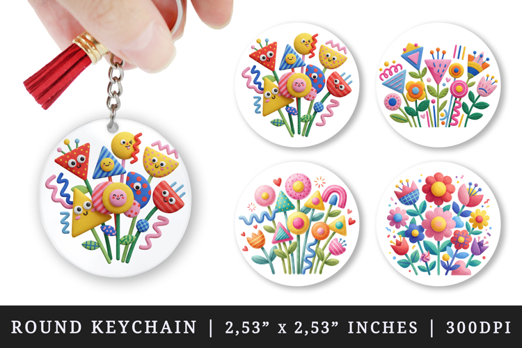 Flowers round keychain pintable sublimation design png