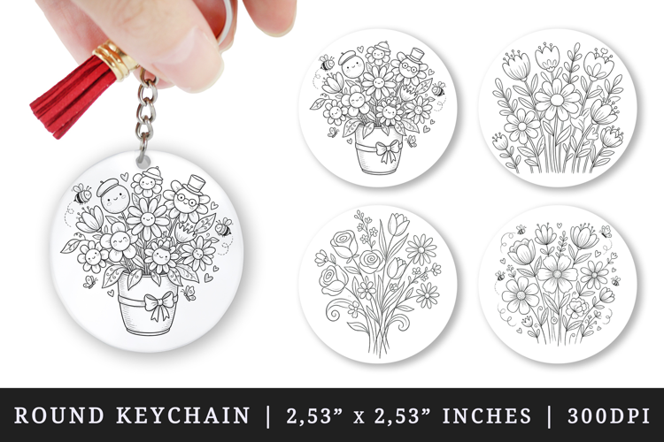 Flowers round keychain pintable sublimation design png