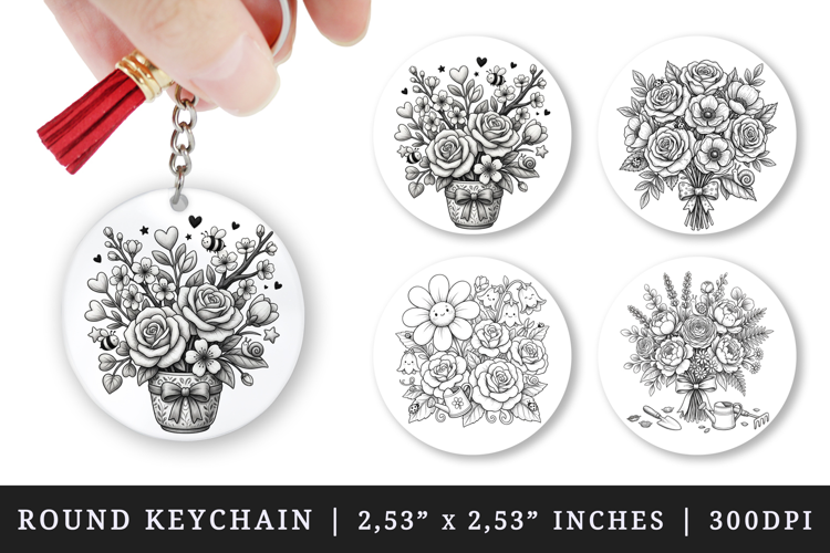 Flowers round keychain pintable sublimation design png