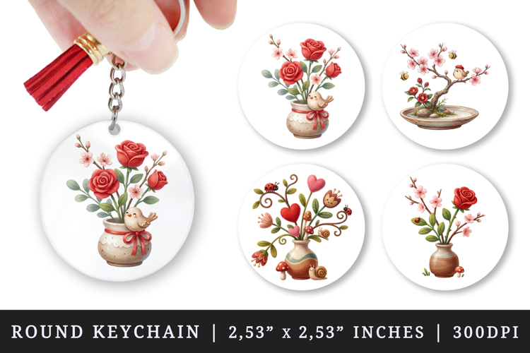Flowers round keychain pintable sublimation design png