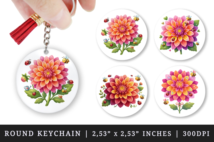 Flowers round keychain pintable sublimation design png