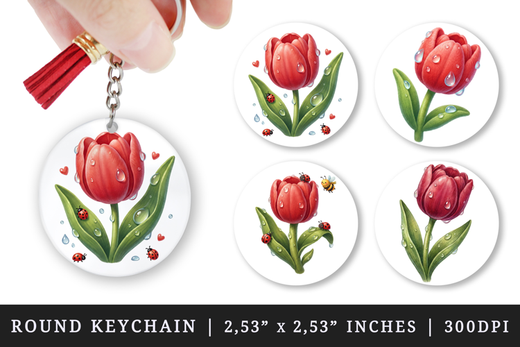 Flowers round keychain pintable sublimation design png