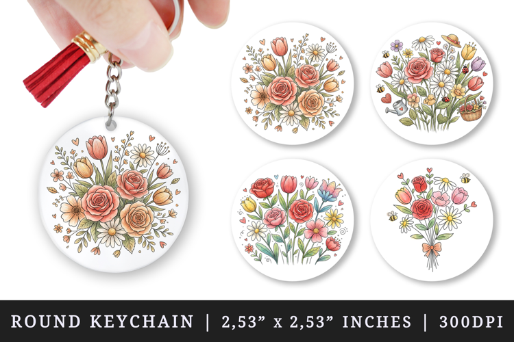 Flowers round keychain pintable sublimation design png