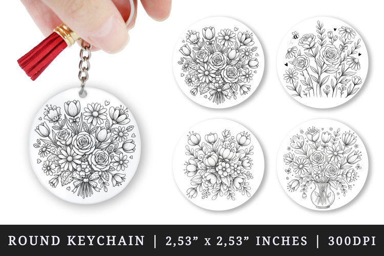 Flowers round keychain pintable sublimation design png