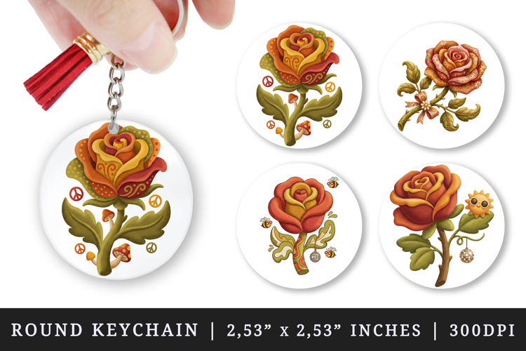 Flowers round keychain pintable sublimation design png