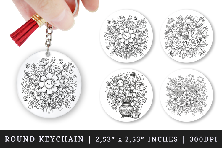 Flowers round keychain pintable sublimation design png