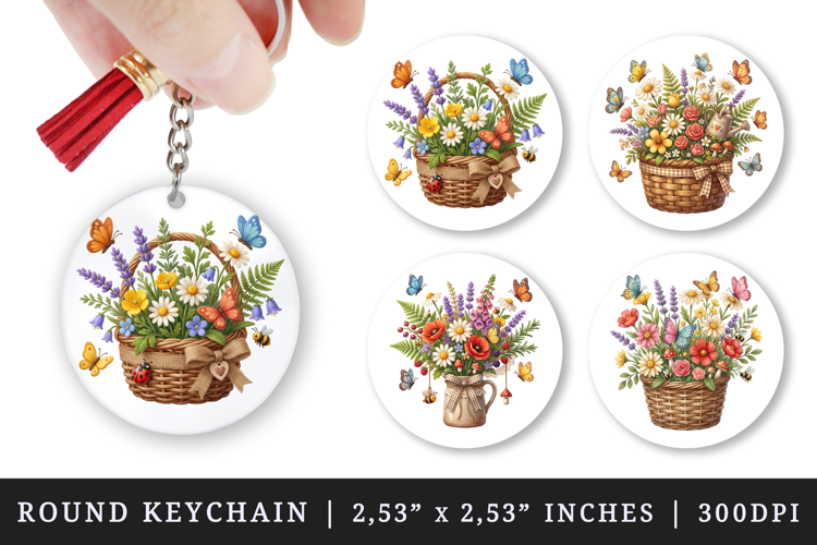 Flowers round keychain pintable sublimation design png