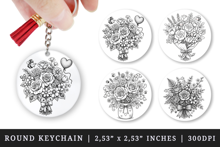 Flowers round keychain pintable sublimation design png