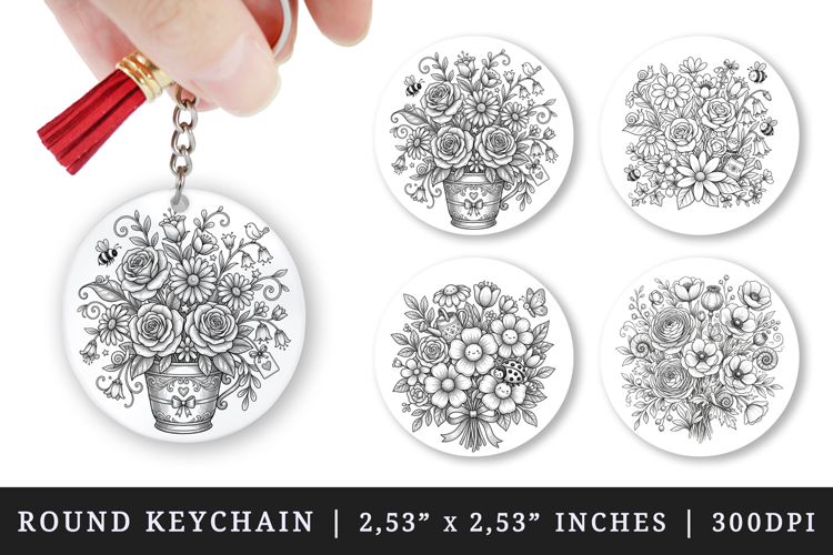 Flowers round keychain pintable sublimation design png