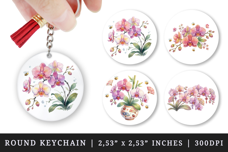 Flowers round keychain pintable sublimation design png