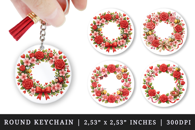 Flowers round keychain pintable sublimation design png