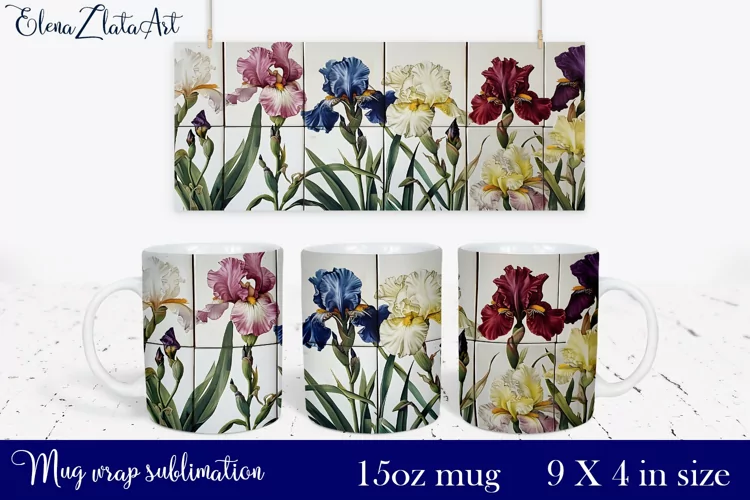 Watercolor irises flowers Mug Sublimation, Floral Design