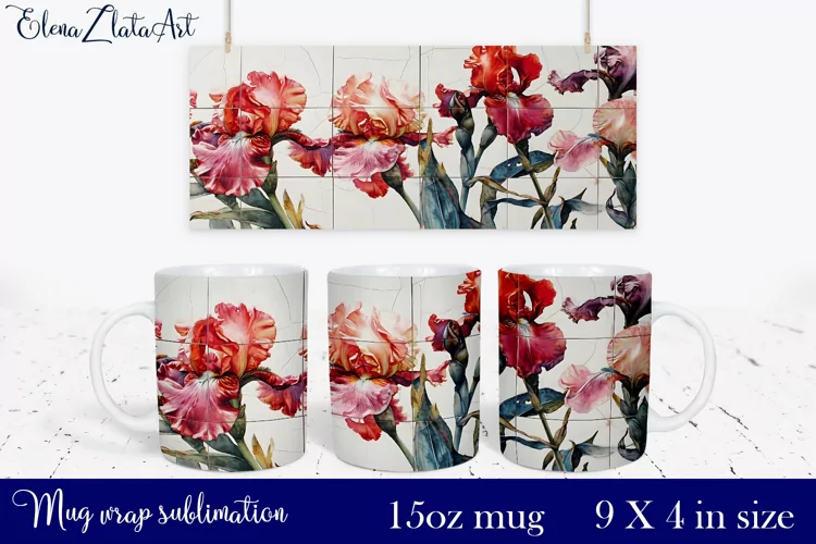 Watercolor irises flowers Mug Sublimation, Floral Design
