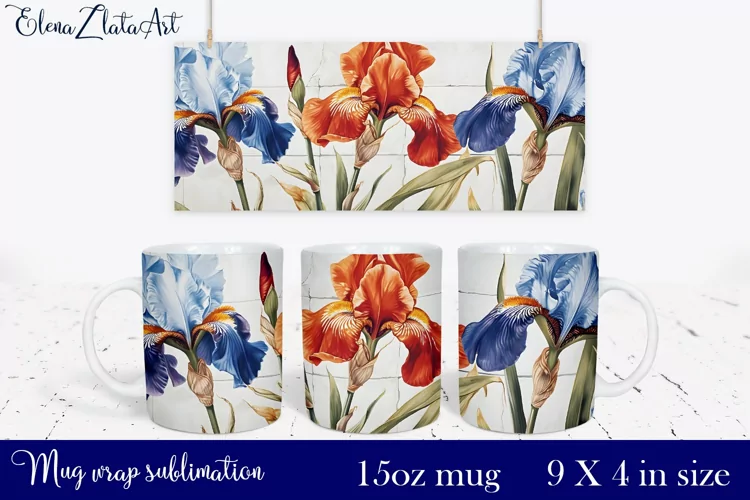 Watercolor irises flowers Mug Sublimation, Floral Design