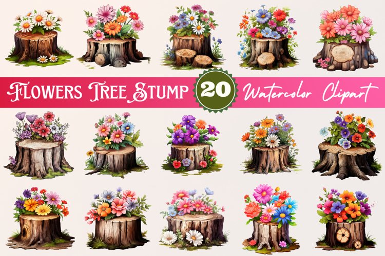 Flowers on Tree Stump Watercolor Clipart Bundle - 20 Designs
