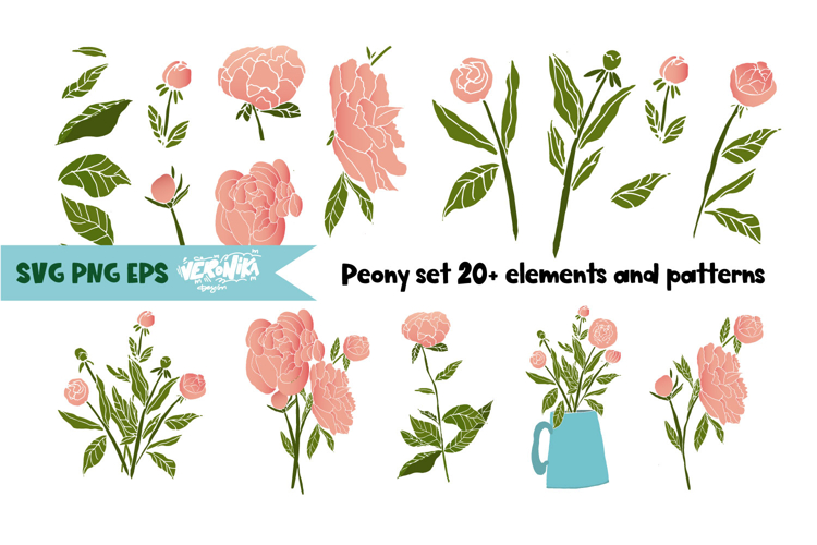 Pink Peonies Set Flat Floral Compositions
