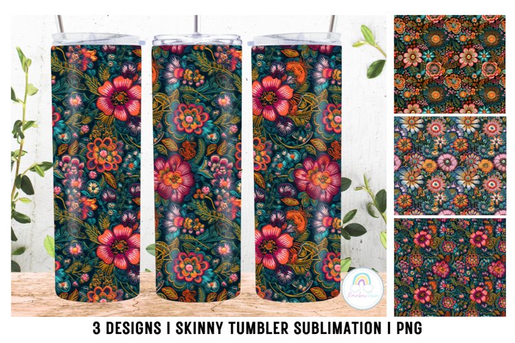 Floral Embroidery Tumbler Sublimation Design example image 1