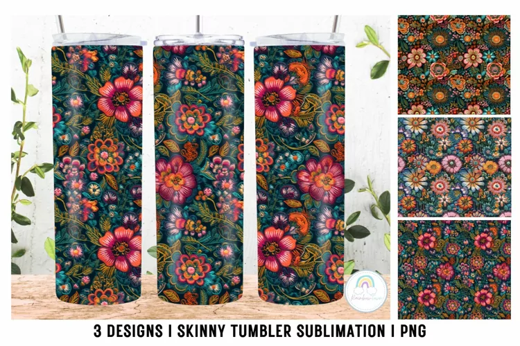 Floral Embroidery Tumbler Sublimation Design