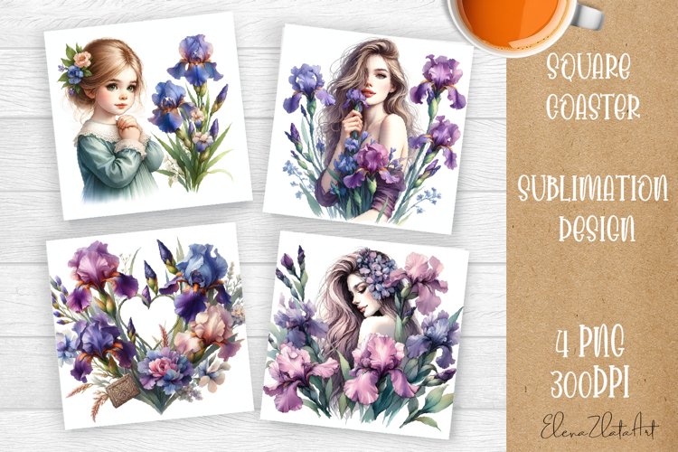 Flowers Square Coasters, valentines day Sublimation Design