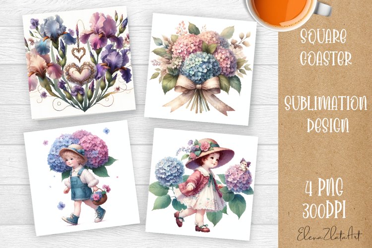 Flowers Square Coasters, valentines day Sublimation Design