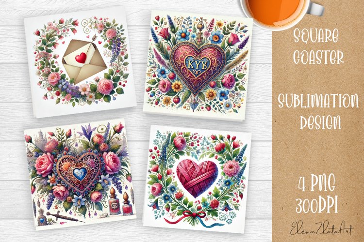 Flowers Square Coasters, valentines day Sublimation Design